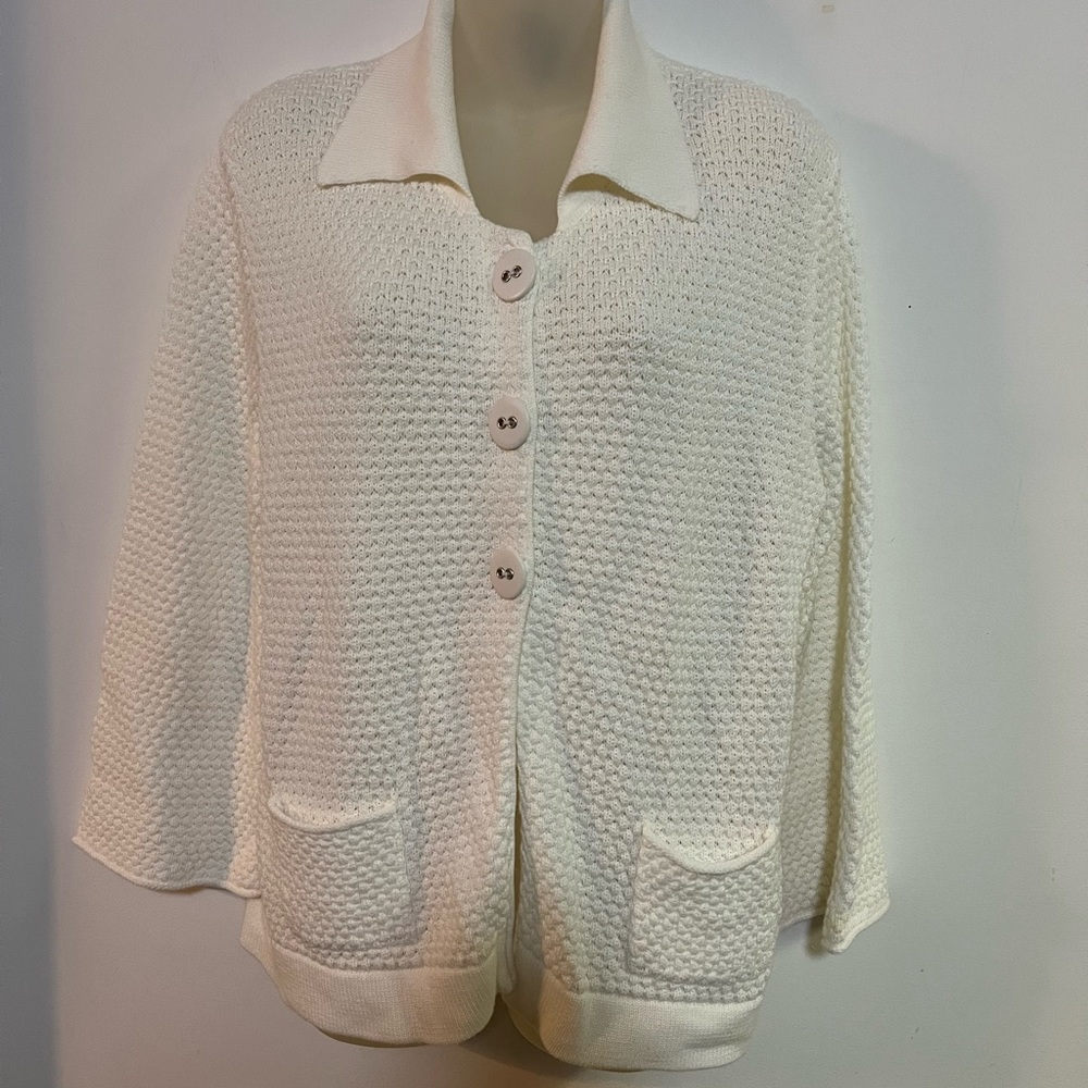CDP & Co. Ivory Cotton Blend Textured Knit Cardigan Sweater Size M